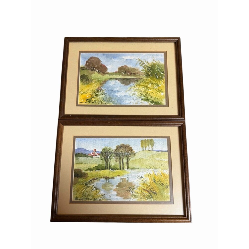2 Original 1982 Landscape Watercolor Paintings Signed Monika Heller Cole Framed